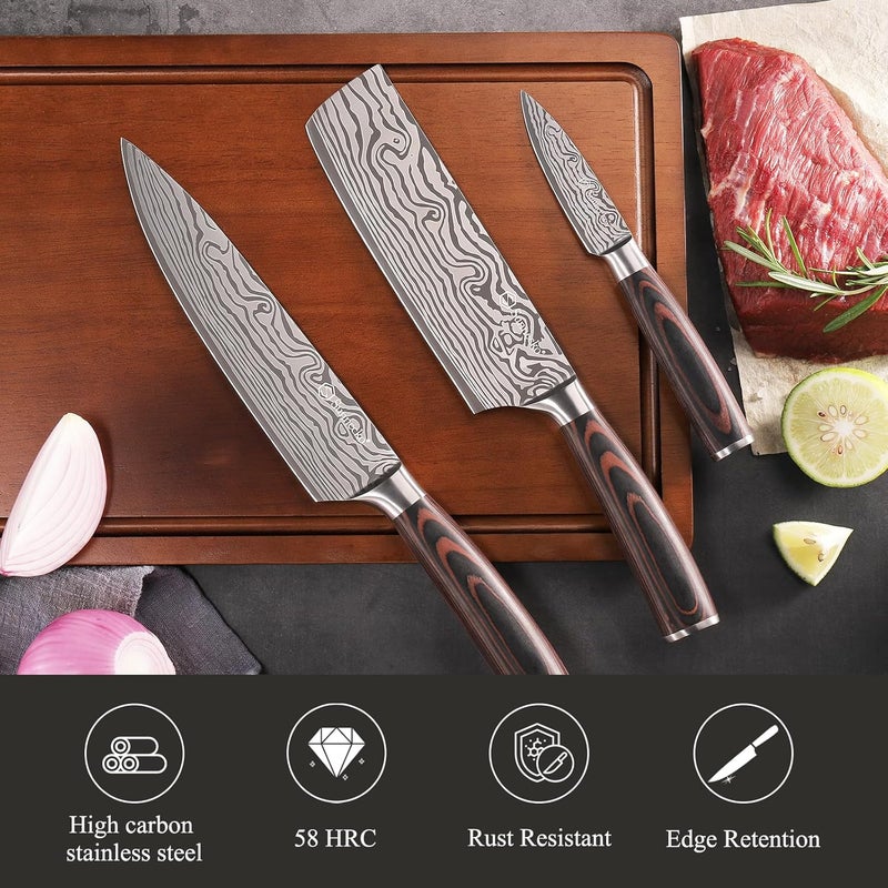 Sunnecko Kitchen Knife Set 3 Piece Chef Knife Set Professional High Carbon Stainless Steel, Sharp Kitchen Knives with Wooden Handle - Image 3
